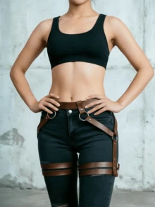 1pc Women's Casual Sexy Coffee Color Punk Style PU Leather Lace-Up Leg Strap Waist Belt Harness, Suitable For Party, Gathering, Halloween, Daily Commute Outfit Accessory - Coffee Brown - View 3