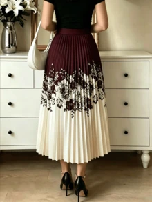 Vintage Black & White Print Pleated Skirt, Elastic Waist, Elegant Flowy Umbrella-Shaped Skirt - Burgundy - View 8