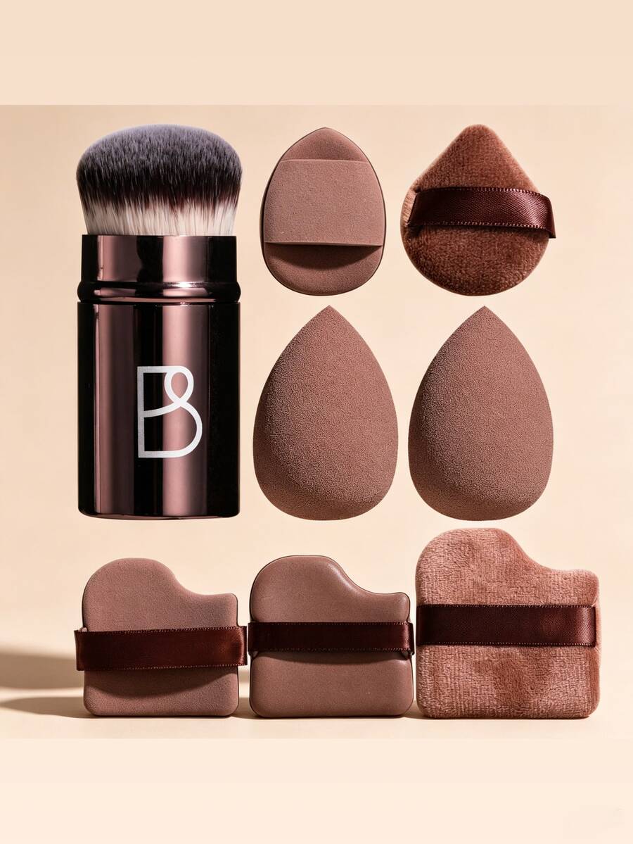 BS-MALL Professional Kabuki Brush Makeup Sponge Powder Puff Set, High Density Foundation Blending Tool - Brown - View 1