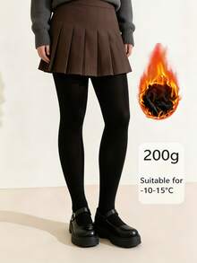 1 Pair Women's 200g Black Fleece-Lined Tights, High-Waisted Thermal Winter Leggings, Warm Stretch Bottoms For Cold Weather - Black - View 5
