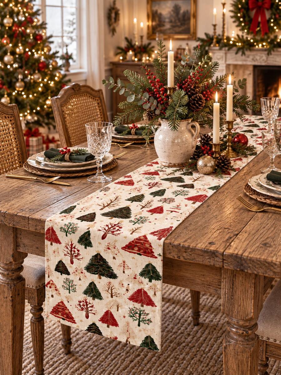 1pc Christmas Table Runner, Watercolor Christmas Tree Pine Branch Berry Print Tabletop Decor, Holiday Dining Room Kitchen Countertop Decoration, Christmas Family Dinner Party Table Centerpiece - Multicolor - View 1