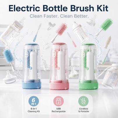 Hauture 6-In-1 Electric Baby Bottle Brush, Sanitizing, Drainable, Silicone Nipple & Straw Cup Cleaning Heads,Baby Shower Gift