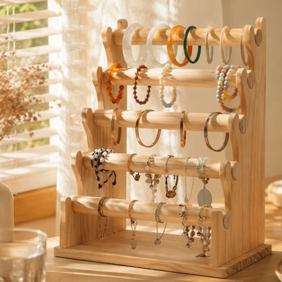 Lamcab 1pc 5‑Tier Solid Wood Jewelry Display Rack, Desktop Organizer For Bangles Bracelets Watches Necklaces, Home Vanity & Retail Counter Display Stand