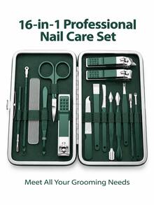 16 In 1 Nail Care Set Stainless Steel Manicure Pedicure Kit Portable Green Leather Case For Travel Home Grooming - Dark Green - View 1