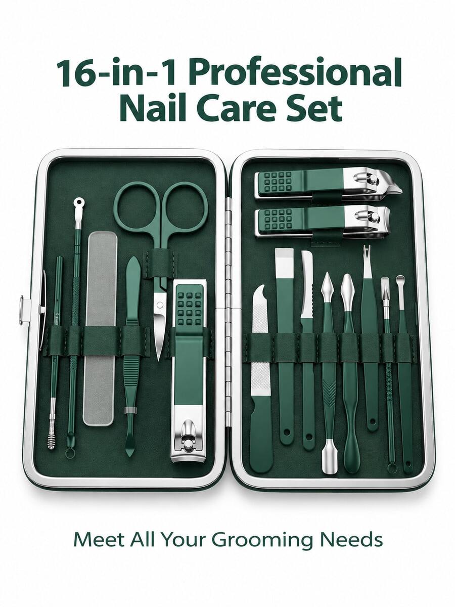 16 In 1 Nail Care Set Stainless Steel Manicure Pedicure Kit Portable Green Leather Case For Travel Home Grooming - Dark Green - View 1