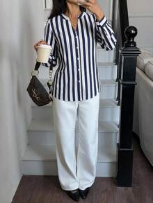 Women's Striped Long Sleeve Notch Collar Woven Shirt, Minimalist Unisex Style - ازرق وابيض - مشاهدة 3