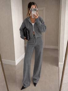 Knitwear Two Pieces; Cozy Ribbed Knit Co-Ords Ribbed Two Pieces Set– Long Sleeve Pullover And Relaxed Wide-Leg Pants Knit Two Pieces,Autumn/ Winter - Grey - View 8