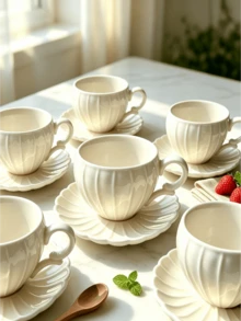 1/6pcs 90ml Vintage Embossed Pumpkin Ceramic Cup & Saucer Set, Cream White Aesthetic Coffee Cups, Home Breakfast Tableware - White - View 8