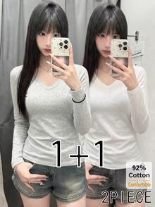 女款 2 件組 92% 棉 V 領修身長袖 T 恤，白色 + 淺灰色純色百搭舒適內搭上衣，秋冬休閒百搭修身上衣 - 花灰色+白色 - 查看 1