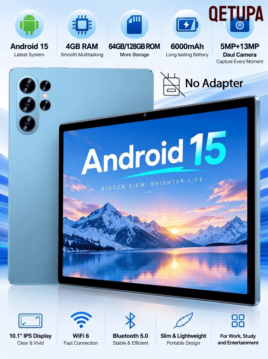 Qetupa 10.1 Inch HD IPS Android 15 Tablet, 4GB RAM 128GB ROM, 2.0GHz Octa-Core Processor, 5MP Front & 13MP Rear Camera, 6000mAh Long Lasting Battery, GPS, No Adapter - Blue - View 1