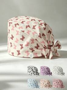 1pc Women's Foam Embroidered Butterfly Print Tie-Up Work Cap, Side Button Design Adjustable Head Wrap Hat, Breathable Dust-Proof Salon Kitchen Protective Cap - Foam Small Butterfly - View 9