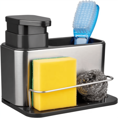 3-In-1 Kitchen Sink Organizer Rack, Stainless Steel Integrated Dish Soap Dispenser, Soap Liquid Dispensing, Sponge Holder, Cleaning Brush Storage, 3-In-1 Design, Efficiently Organize Sink Countertop Clutter, Save Kitchen Space. Made Of High-Quality Stainless Steel Shell, Suitable For Humid Sink Environment. Bottom With Drainage Hole Design, Excess Water Directly Drains Into Sink.