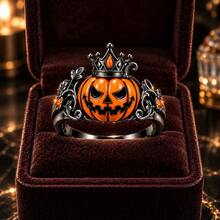 1PC Halloween Pumpkin Crown Ring, 5A Zirconia Inlaid Enamel Statement Ring For Men Women, Unisex Party Jewelry, Ring Box Not Included - Orange - View 5