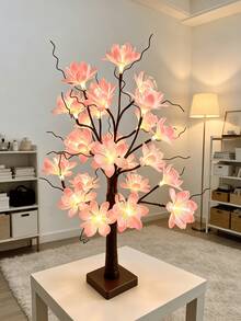 1PC LED Fiber Optic Flower Tree Light, 60CM 24Lights Tabletop Lamp, USB & 3AA Battery Powered, Constant Light Mode, Pink Magnolia, Home Bedroom Living Room Decor, Wedding Holiday Desktop Ornament, Gift - Yellow - View 8