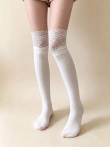 1/2 Pairs Sweet Girl Lace Trim Vertical Stripe Versatile Comfortable Knee-High Socks - Multicolor - View 13