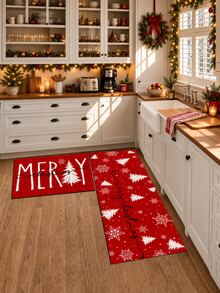 1pc Letter Print Kitchen Mat, Merry Christmas Letter Snowflake Pattern Rectangular Rug, Minimalist Winter Holiday Style Entryway Doormat, Suitable For Kitchen, Dining Room, Hallway, Entryway, Bedroom And Indoor Home Decor, Christmas Holiday Atmosphere Decorative Carpet - Multicolor - View 3
