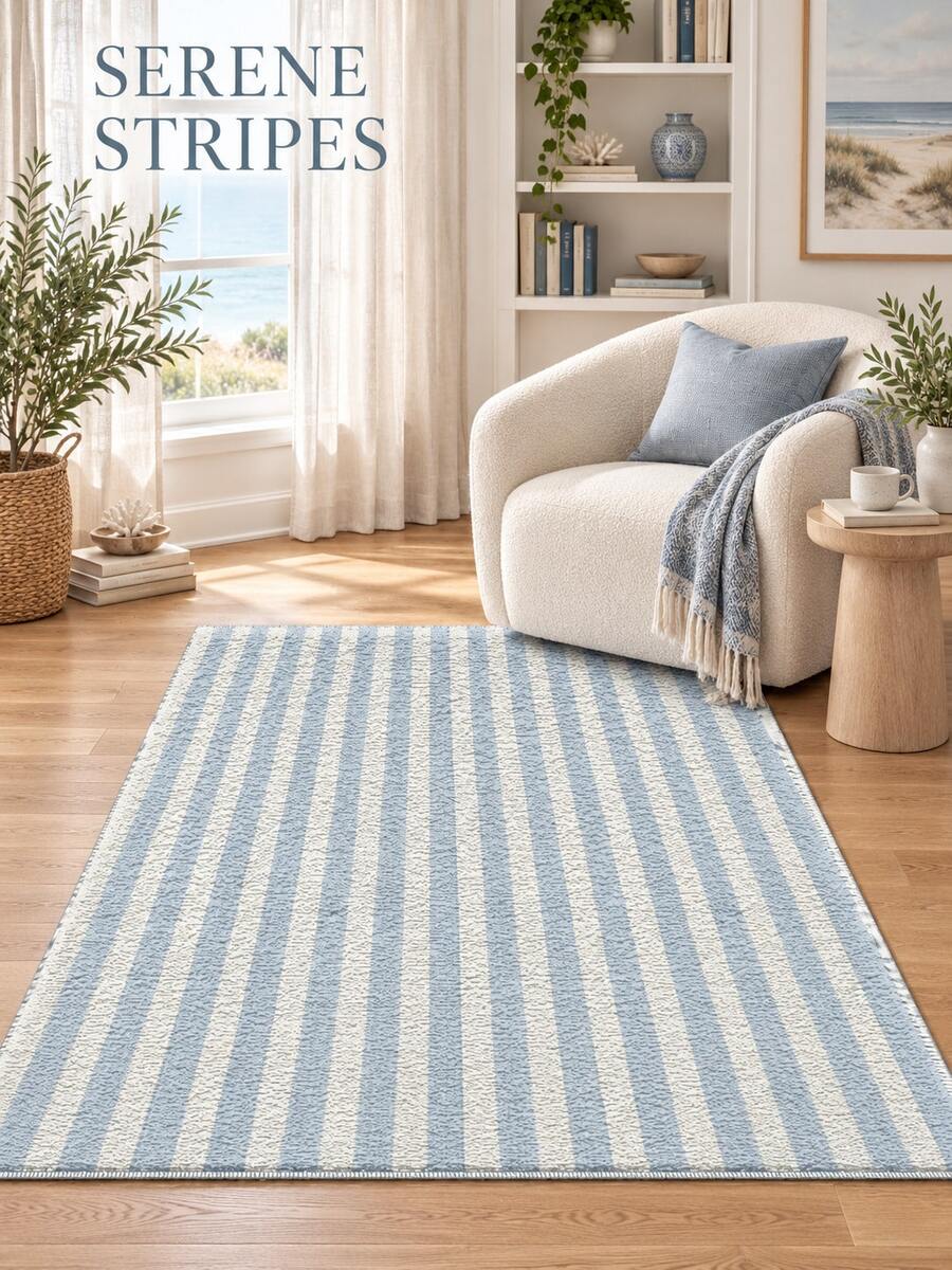 Light Blue And White Vertical Stripe Pattern Mat - Machine Washable, Easy To Maintain, Perfect For Living Room, Bedroom, Office, Balcony, Kitchen, And Room Decor, Rugs For Living Room Area Rugs & Sets,Rugs & Carpets,Home Decor,Area Rugs & Sets