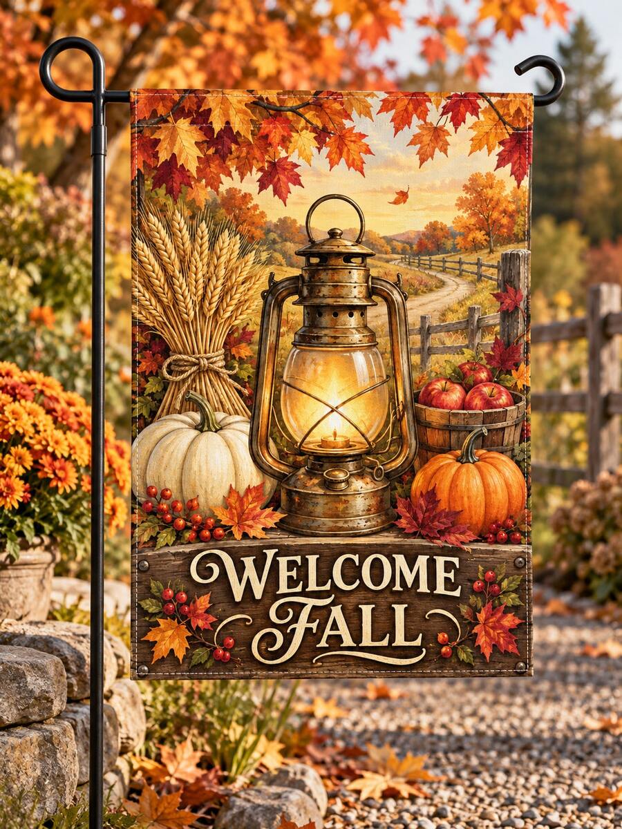 5 Designs Fall Decor Garden Flag Set, Pumpkin Harvest Maple Leaf Sunflower Lantern Welcome Pattern, Rustic Farmhouse Outdoor Yard Flag For Porch Lawn Garden Decoration, Thanksgiving Seasonal Home Decor - A - View 1