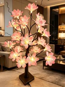 1PC LED Fiber Optic Flower Tree Light, 60CM 24Lights Tabletop Lamp, USB & 3AA Battery Powered, Constant Light Mode, Pink Magnolia, Home Bedroom Living Room Decor, Wedding Holiday Desktop Ornament, Gift - Yellow - View 5