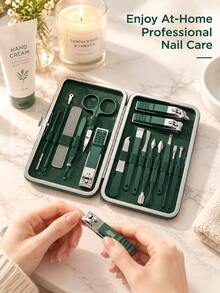 16 In 1 Nail Care Set Stainless Steel Manicure Pedicure Kit Portable Green Leather Case For Travel Home Grooming - Dark Green - View 4