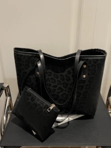 Dedoo Tas Tote Wanita Motif Leopard, Kain Lembut, Detail Rivet, Dompet Kecil yang Serasi, Kapasitas Besar, Kasual, Untuk Kerja, Belanja, dan Bepergian. - Hitam - View 3