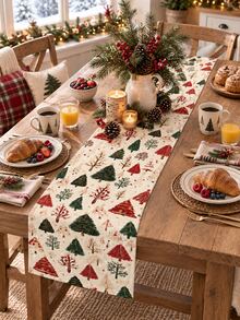 1pc Christmas Table Runner, Watercolor Christmas Tree Pine Branch Berry Print Tabletop Decor, Holiday Dining Room Kitchen Countertop Decoration, Christmas Family Dinner Party Table Centerpiece - Multicolor - View 2