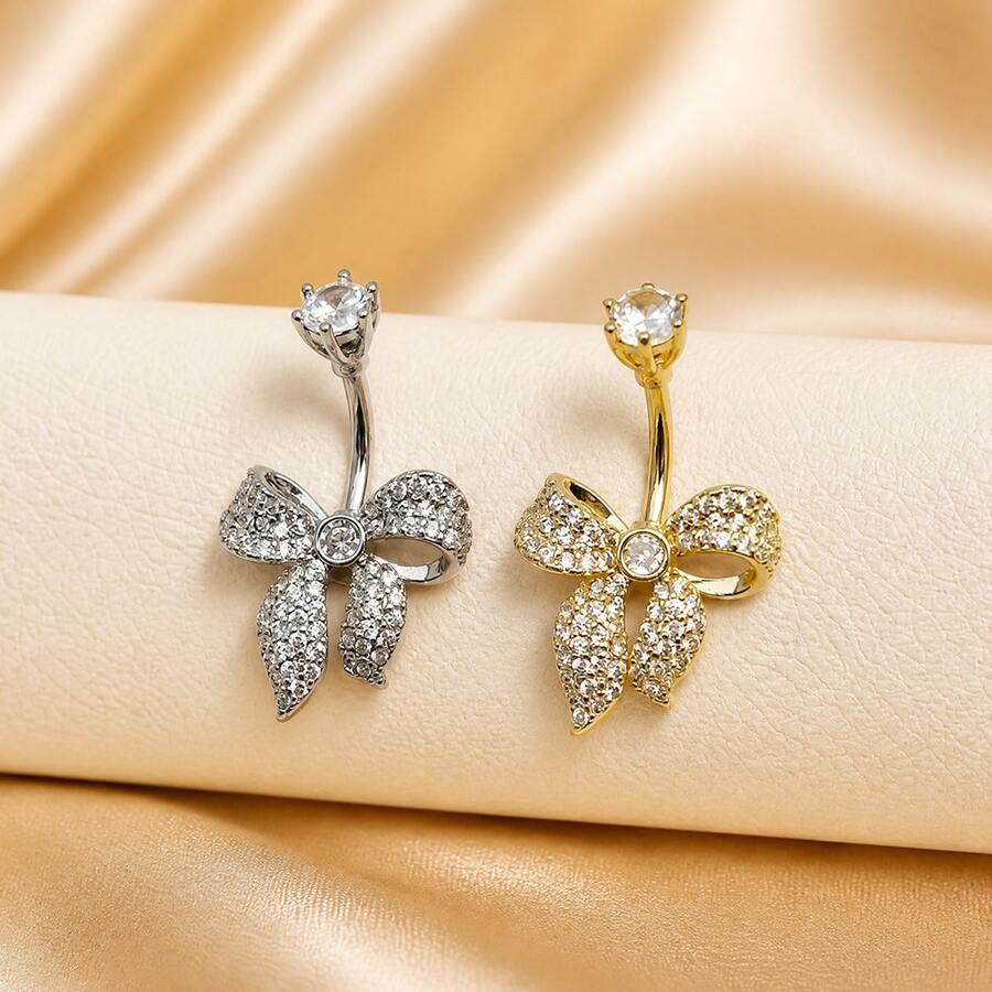 1pc Copper Inlaid Zirconia Bowknot Belly Ring, Stainless Steel Personalized Piercing Navel Stud Suitable For Daily Wear - Bow - View 1