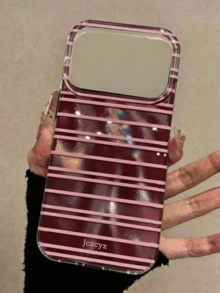 可愛對比色條紋亮面背殼手機殼，適用於 iPhone 18 Pro Max、18 Pro、17 Pro Max、17 Pro、17、16 Pro Max、16 Pro、16、15 Pro Max、14、13、15 Pro、15、14、16 Plus，簡約風格保護殼 - 酒紅色 - 查看 3