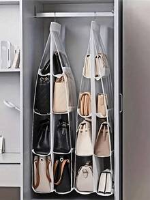 6/8 Slot Space-Saving Bag Storage Organizer, Multi-Layer Hanging Handbag & Wallet Organizer, Mesh Space-Saving Bag Organizer, Multi-Layer Hanging Handbag & Wallet Organizer, Suitable For Closet, Bag Storage Rack, Foldable Design, Convenient To Store When Not In Use, Easy To Carry. Suitable For Your Bedroom, Living Room, Hallway, Closet, Wardrobe Or Shelf. - White - View 11
