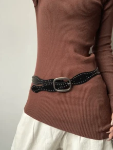 1pc American Style Fashion Casual Rivet Minimalist Versatile Women PU Leather Belt - Wavy Studded Black Suede - View 2