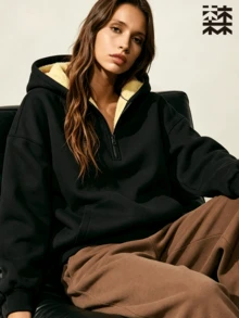 mulinsen Áo nỉ hoodie nữ dáng rộng nửa khóa kéo, lót lông cừu Sherpa, tay dài, form rộng, giữ ấm, phù hợp chạy bộ, dạo phố và đi chơi - màu đen - Xem 2