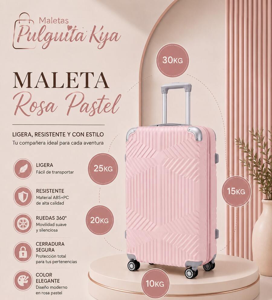Maletas de viaje, 10, 15, 20, 25, 30 y 35 kg, Plástico ABS, difernetes colores, llantas giratorias y manija telescópica - Rosa - Ver 1