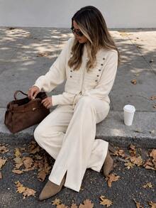 Knitwear 2 Pieces; Drop Shoulder Long Sleeve Button Front Casual Sweater Top And Loose Fit Pants - White - View 4