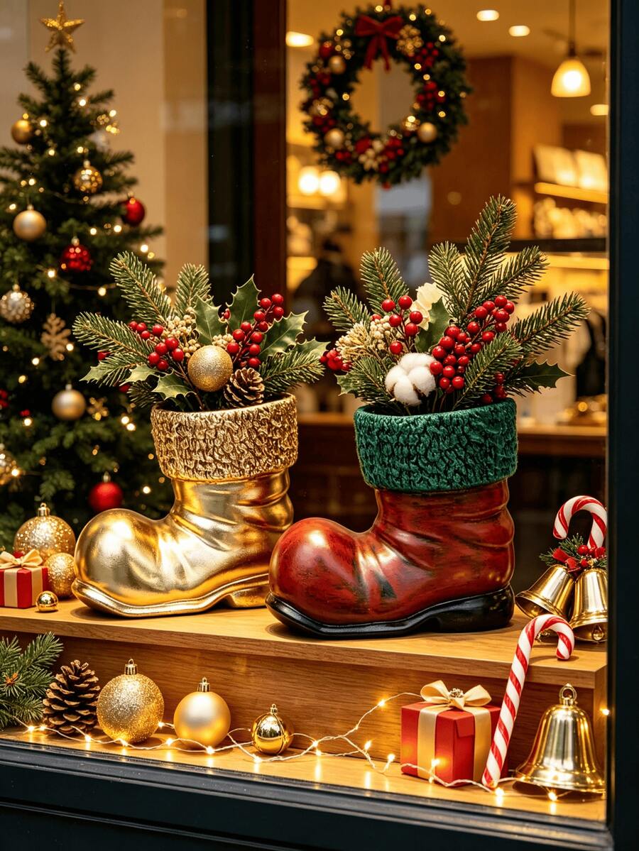 Santa Claus Boot Shaped Vase (1pc), Creative Boot Design Flower Pot, Suitable For Dining Table, Fireplace Mantel Holiday Decor, Christmas Desktop Ornament, Christmas Gift Winter Holiday Tabletop Decoration - A - View 1