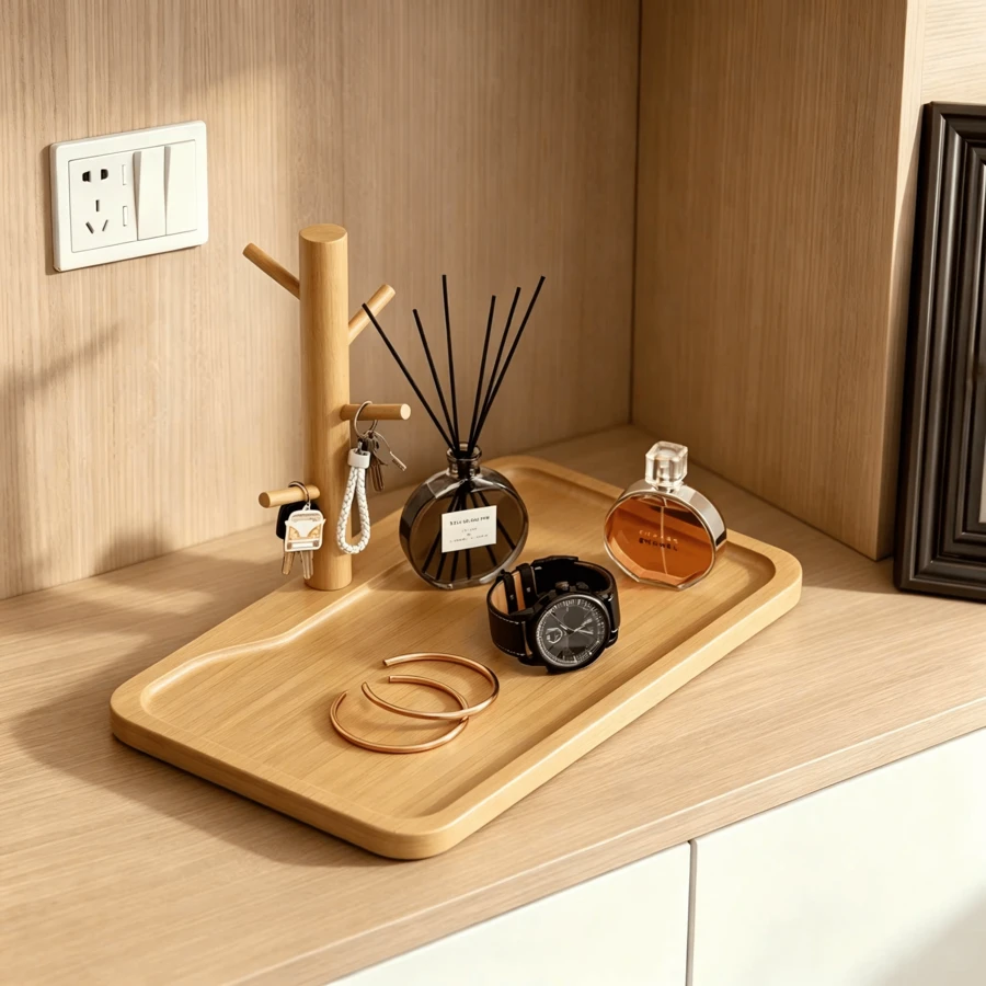 Bamboo Key Rack With Branch Hooks, Desktop Storage Tray, Entryway Small Item Organizer, Natural Bamboo Craft Decor, Can Store Keys, Watches, Jewelry, Fashion Glasses, Mail, Coins, Suitable For Hallway, Front Door, Kitchen, Office, Home Decor, Christmas Gift