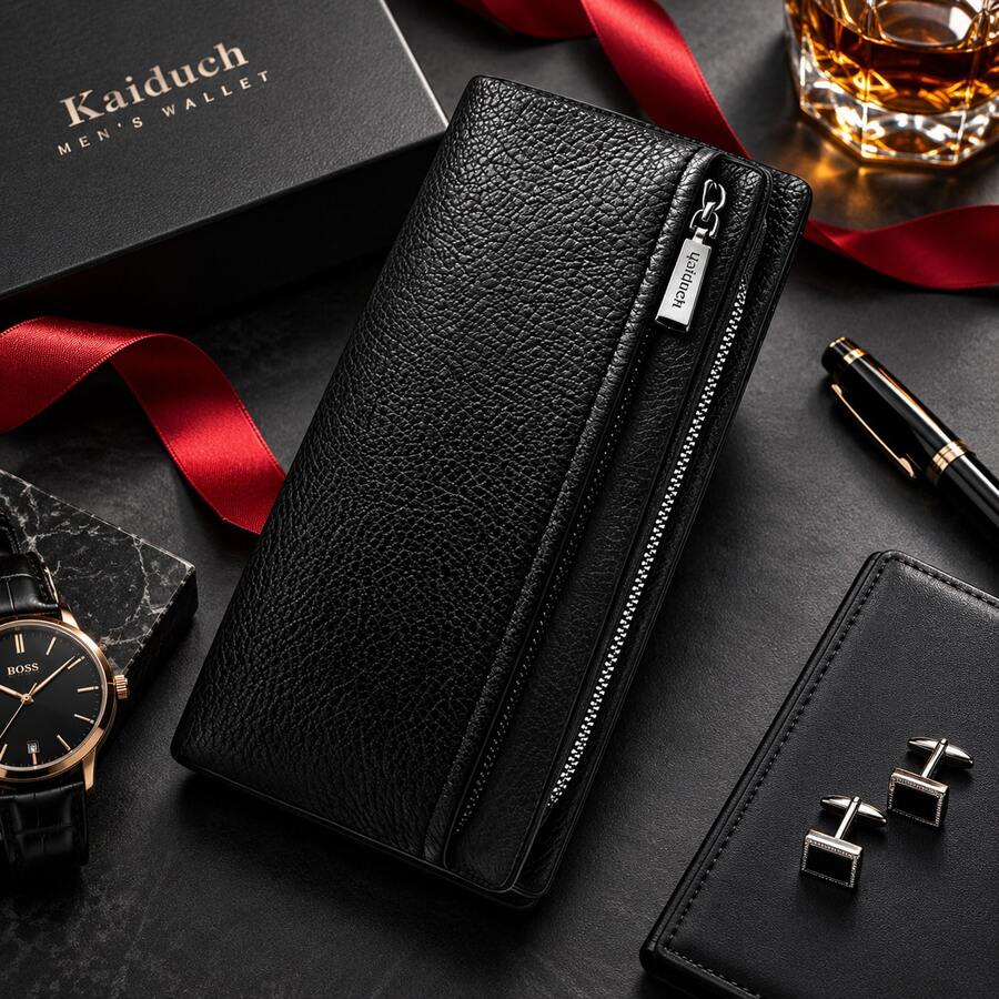 HOVI'S Men's Long Wrist Clutch Wallet, Large Capacity Business Hand Purse, Multi‑Card Slots Double Zipper Hand Pouch, Portable Phone Handbag With Wrist Strap - Multicolor - View 1