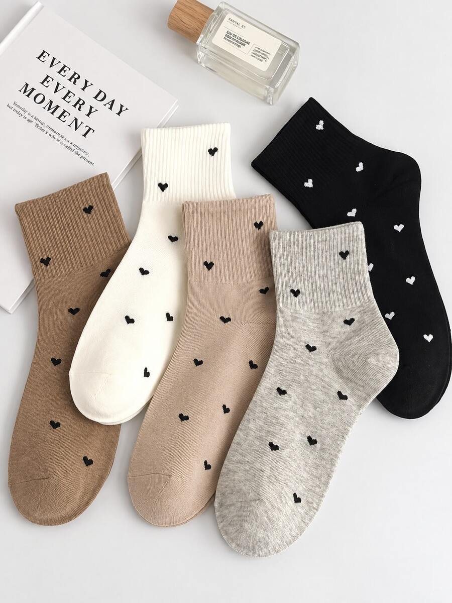 5 Pairs Women Heart Embroidery Mid-Calf Socks, Simple Versatile Casual Socks, Soft Elastic Comfortable Short Boot Socks, Autumn/Winter Daily Commute College Style Socks - Multicolor - View 1