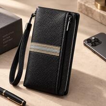 HOVI'S Dompet Clutch Pergelangan Tangan Panjang Pria, Tas Tangan Bisnis Kapasitas Besar Dekorasi Motif Garis, Kantong Tangan Multi-Resleting dengan 8 Slot Kartu dan Tali Pergelangan yang Dapat Dilepas - MultiWarna - View 1