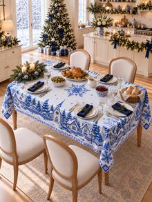 1pc Polyester Christmas Tablecloth, Blue Snowflake Winter Village Christmas Tree House Print Xmas Holiday Table Cover, Festive Dining Table Decor For Christmas Party Kitchen Dining Room Home - Multicolor - View 14
