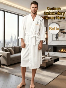 Custom Name Embroidery Waffle Kimono Unisex Robe Waffle Knit Couples Bathrobe Personalized Logo Spa & Hotel Spa Robe Self-Tie Belt Loose Fit Bathrobe - Multicolor - View 2