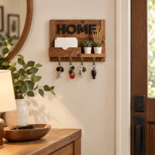 1pc 2D Flat HOME Rustic Wooden Key Hook Rack, 4 Hooks Wall Mounted Key Holder Organizer For Entryway, Kitchen, Office, Key Rack, Apartment, Farmhouse Home Decor Gift - View 6