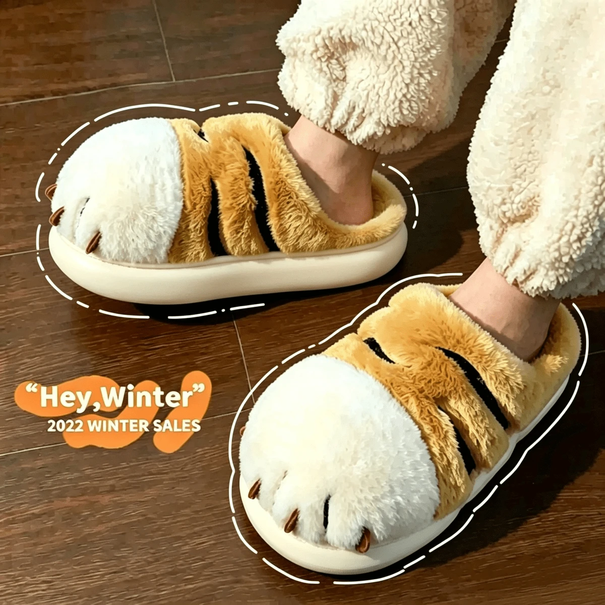 Cute Tiger Plush Couple Slippers, Unisex Warm Thick Sole Closed Toe Winter Shoes, Soft And Comfortable, Suitable For Indoor And Outdoor Wear In Autumn And Winter - White Brown - View 1