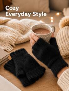 Women's Fleece Lined Warm Fingerless Gloves, Suitable For Autumn/Winter, Ideal For Office, Study, Writing, Driving And Cycling. Fingerless Design For Flexible Operation, Suitable For Halloween, Thanksgiving And Christmas. - Multicolor - View 3