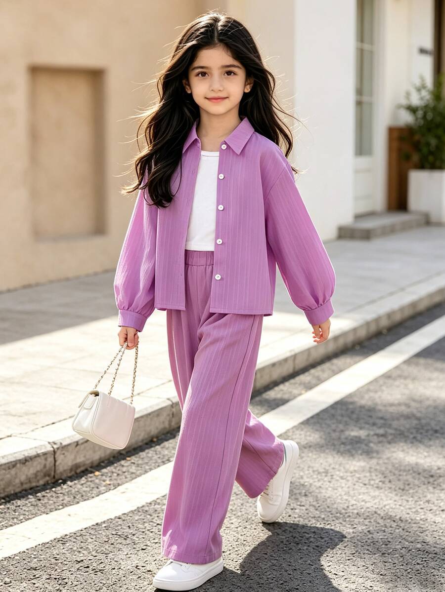 Left Mama Tween Girl 2pcs/Set Autumn New Turn-Down Collar Long Sleeve Shirt And Pants - Purple - View 1