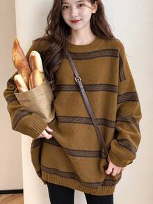 Alicedudu Striped Drop Shoulder Oversized Sweater,Long Sleeve Tops Casual Fall - Brown - View 1