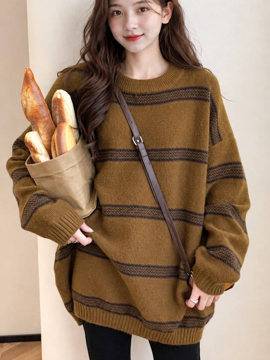 Alicedudu Striped Drop Shoulder Oversized Sweater,Long Sleeve Tops Casual Fall - Brown - View 1