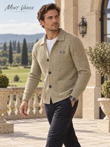 MONT VAREN Men's Collared Jacquard Knit Cardigan With Patch Pockets For Men - Khaki - View 5