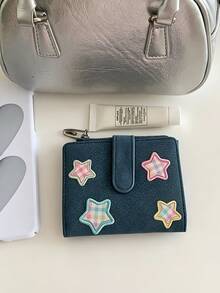 Cute Star Embroidery PU Leather Women's Short Wallet, Multi-Card Slots With Snap Button And Zipper, Vintage Y2K Style Coin Purse Compact Handbag - Multicolor - View 8
