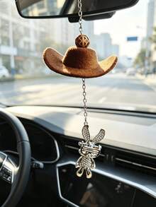 1pc Geometric Bead Cowboy Hat Rabbit Car Hanging Ornament, Brown Fuzzy Hat Silver Rhinestone Bunny Metal Chain Rearview Mirror Pendant Boho Gift - Hat Rabbit - View 3
