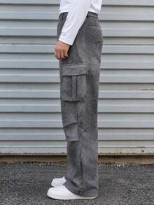 BLACKTOEXIT Celana Kargo Unisex Gaya Jalanan Warna Gradien, Celana Panjang PU Gaya Kampus, Celana Dansa Jalanan, Kancing Resleting, Pinggang Berlipit, Lubang Sabuk, Potongan Lurus, Musim Semi dan Gugur. - Dark Grey - View 3